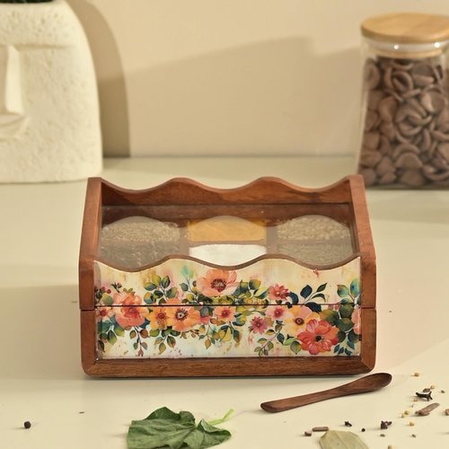 Brick Brown® Premium Wooden Pastel Flora Nava Masala Box with Wooden Spoon | 9-Compartment Spice Box Organizer with Acrylic Lid Meenakari Work | Masala Dani Namak Dani | Masala's Container Dabba