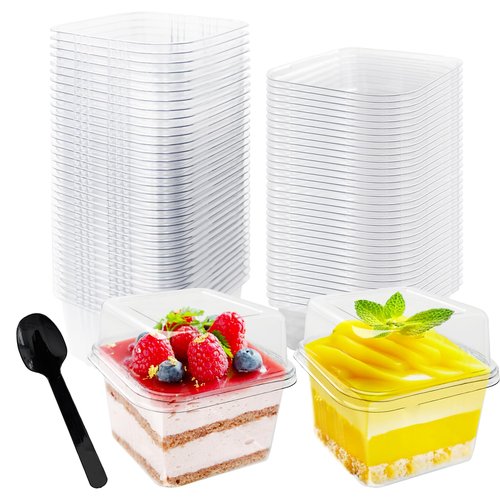 Alaeseje 60 Pack 8 oz Plastic Dessert Cups with Lids and Spoons,Square Parfait Cups Disposable Cake Containers with Lid for Ice Cream,Pudding,Yogurt Fruit,Mousse