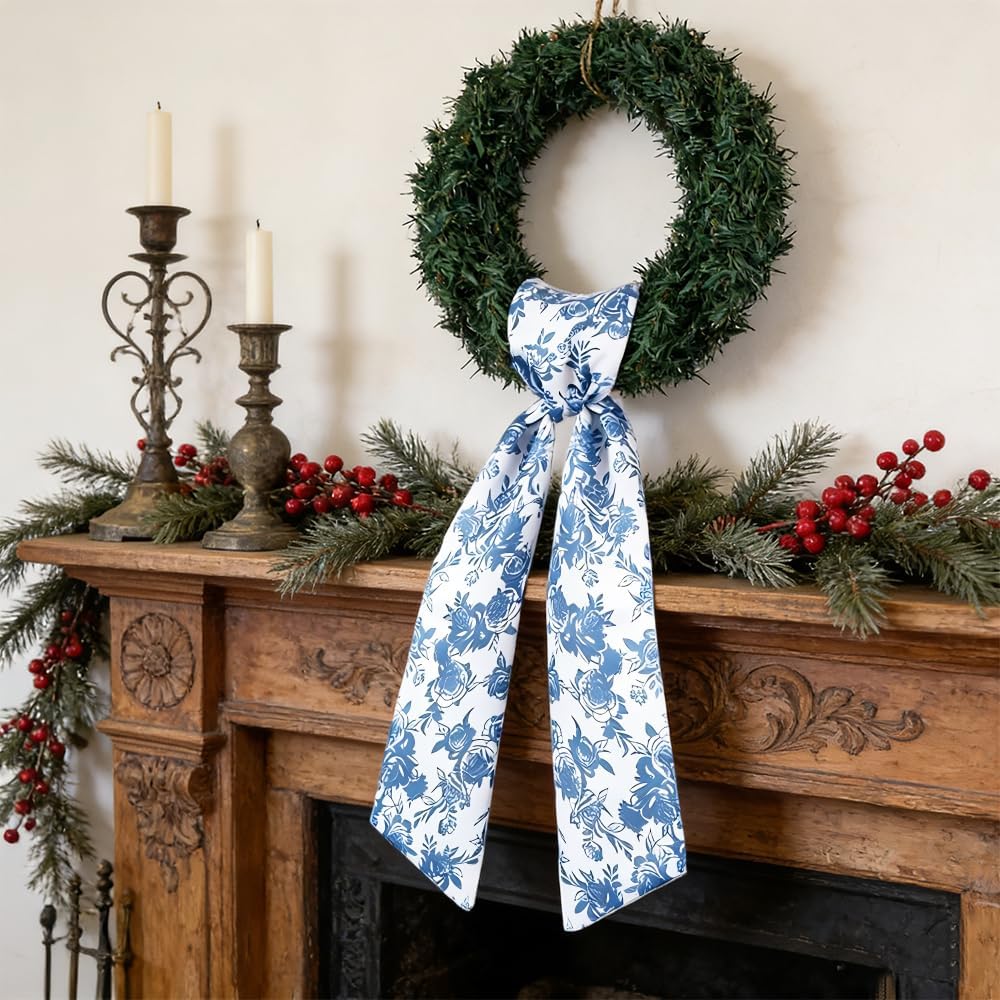 Tinsow Blue Floral Wreath Sash Bow - 2 Pack Chinoiserie Ribbon Scarf for Spring/Summer Door Decor
