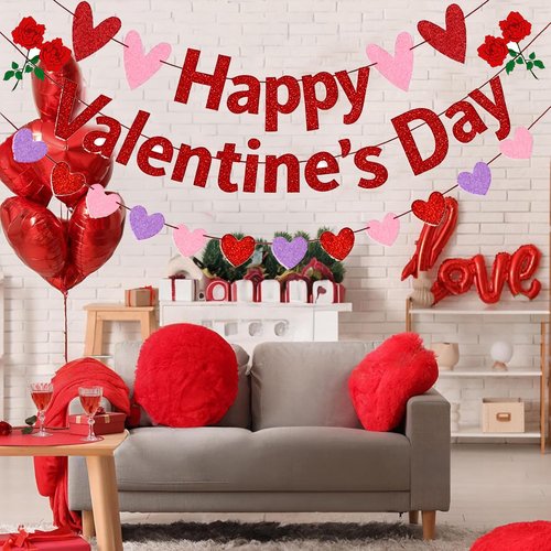 Pre-Strung Happy Valentine's Day Banner, Glitter Valentines Day Bunting Sign Decorations with Red Pink Purple Heart Garland for Indoor Home Wedding Engagement Anniversary Party Photo Backdrop Decor