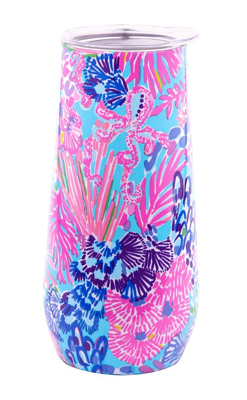Lilly Pulitzer 10 Oz Stemless Champagne Flute, Small Stainless Steel Tumbler with Lid, Double Wall Insulated Metal Cup, Splendor in the Sand