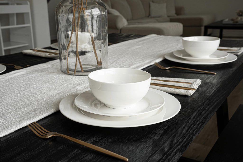 Square House New Bone China 12 Piece Dinnerware Set, Santorini Collection (Pure), White, Daily Use China, Tableware Service for 4