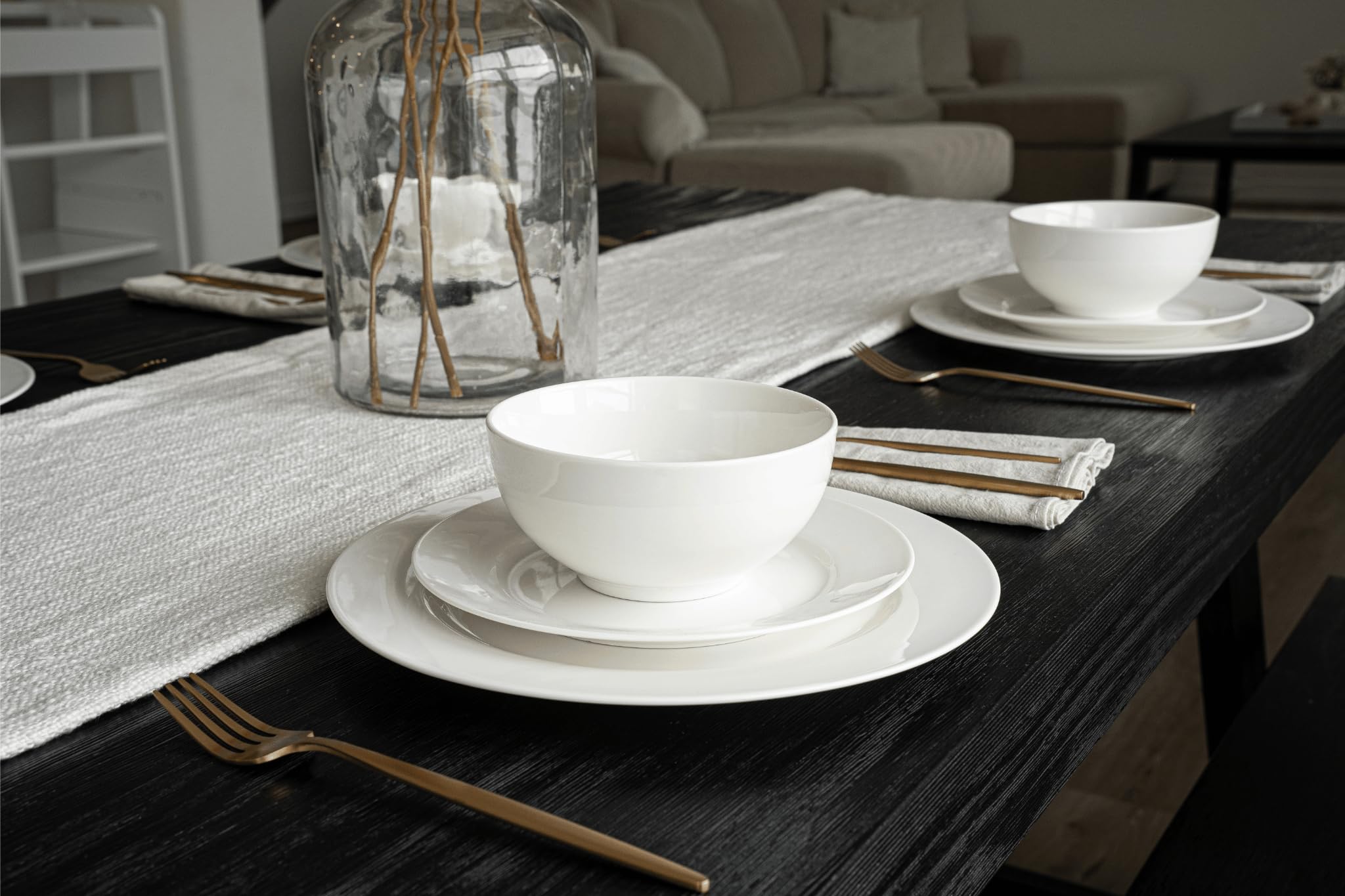 Square House New Bone China 12 Piece Dinnerware Set, Santorini Collection (Pure), White, Daily Use China, Tableware Service for 4