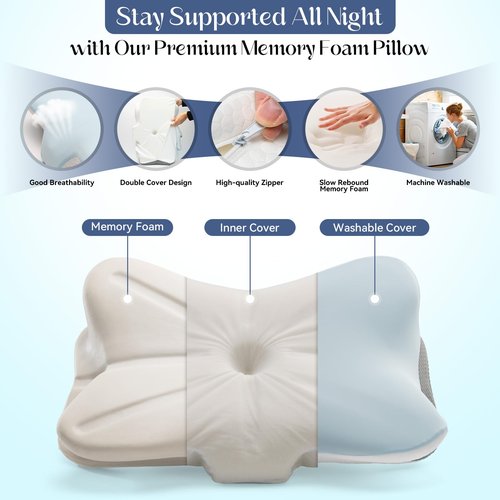 SHJADE Cervical Pillow for Neck Support, Memory Foam Contour Pillow, Ergonomic Orthopedic Pillow, Adjustable Height Soft Bed Pillow with Breathable Pillowcase for Back, Side, Stomach Sleeper