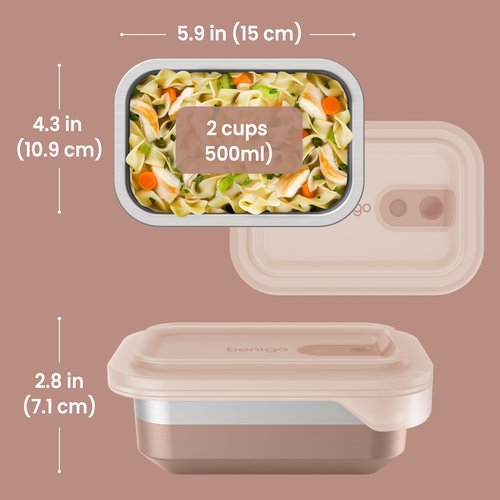 Bentgo MicroSteel Heat & Eat Container – Microwave-Safe, Leak-Proof & Airtight, Easy-to-Clean Lightweight Stainless Steel Reusable Food Storage with Silicone Lid (Snack Size; 2-Cup Capacity; Rose)