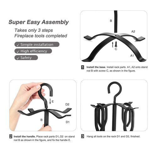 CALIDOLA 5 Pieces Fireplace Tools Set 31",Heavy Duty Wrouhgt Iron Fire Place Toolset with Poker, Shovel, Tongs, Brush, Stand for Outdoor Indoor Chimney, Hearth, Stove,Black