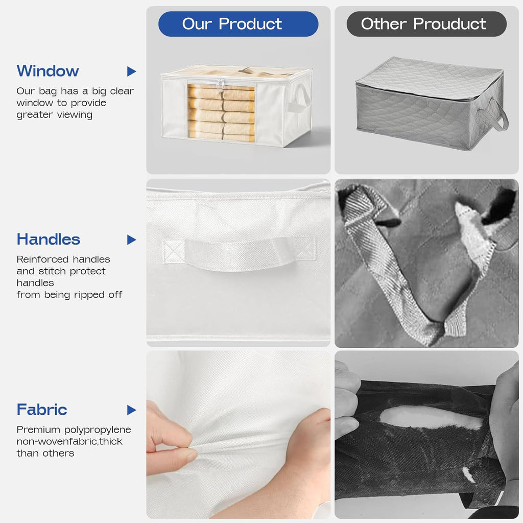Skiennix Clothes Storage Bags - Foldable Thick Fabric with Clear Window & Carry Handles | 4-Pack, White