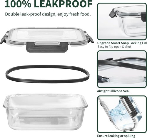 CEKEE Glass Meal Prep Containers - Airtight 36 OZ Food Storage Set | 5 Pack, Microwave & Dishwasher Safe