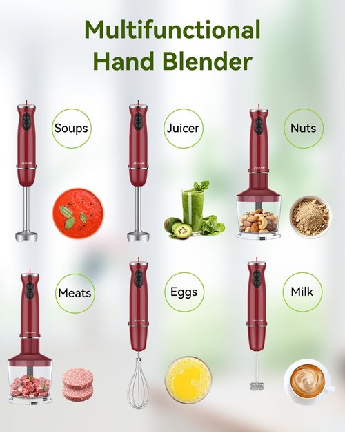 Abuler Immersion Blender - 5-in-1 Hand Mixer with 1000W Power, 12 Speeds & Stainless Steel Attachments | Includes 600ml Beaker & 500ml Chopper
