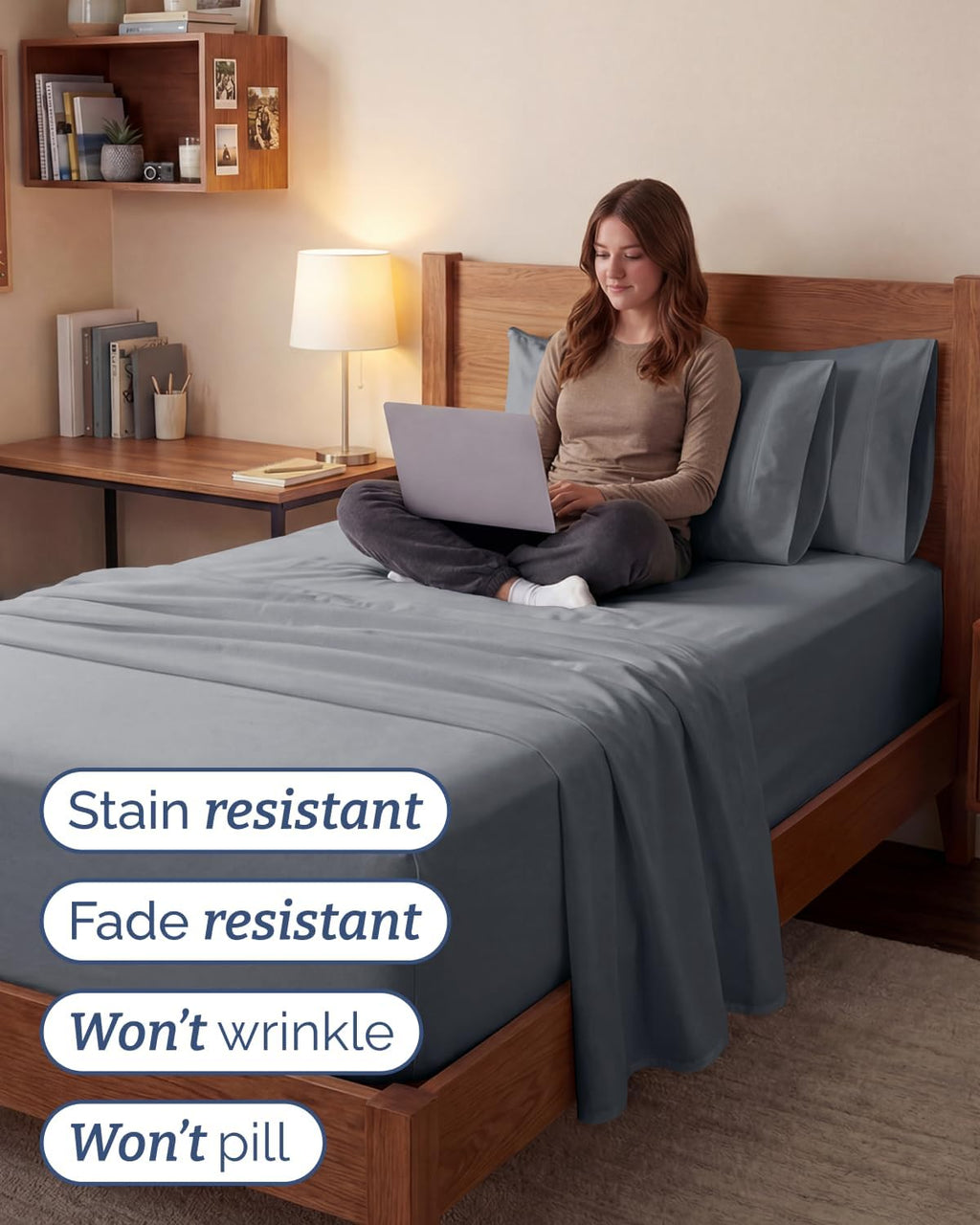 Skiennix Extra Deep Twin XL Sheet Set - 4-Piece Breathable Cooling Bedding - Soft, Wrinkle-Free, Steel Blue