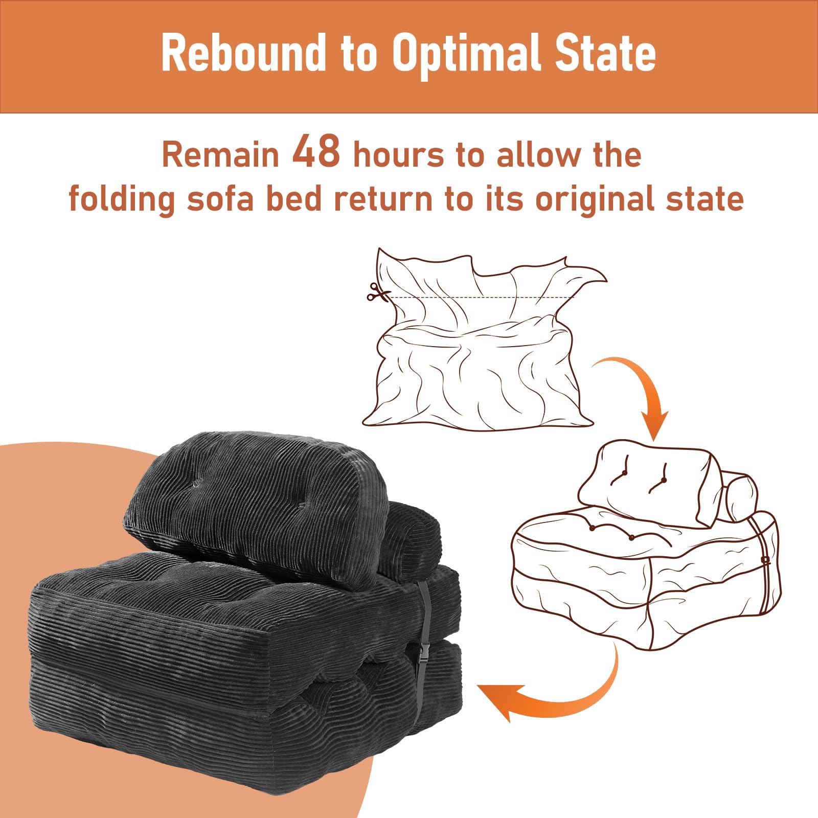 Vellorise Folding Sofa Bed, Convertible Sleeper Chair with Back Support and Pillow Futon,Boneless Foldable Couch for Living Room/Guest Use/Home Office, Foldable Chair Bed for Adults, Dark Gray
