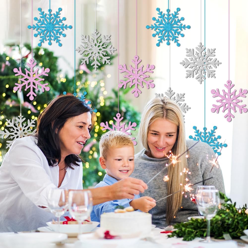 Skiennix Winter Snowflake Hanging Ornaments - Sparkly Ceiling Streamers for Christmas & New Year | Glitter Pink, Blue & Silver
