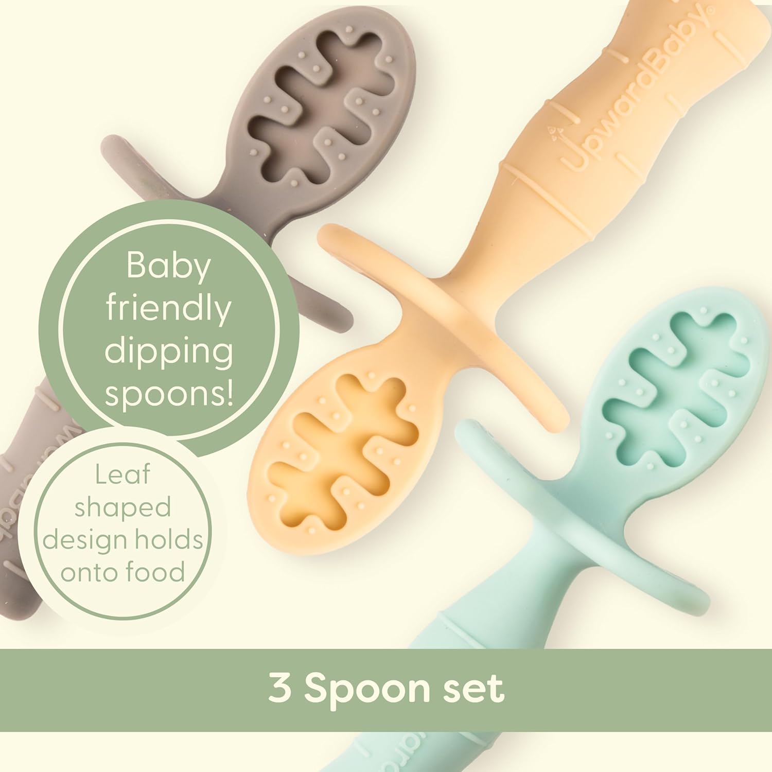 Upward Baby Spoons - Self-Feeding Toddler Utensils with Anti-Choke Barrier | 3-Pack Silicone Spoons for 6+ Months - Red, White, Blue