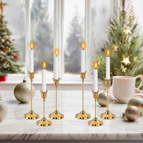 6pcs Gold Candle Holders, Candlestick Holders Taper Candle Holders for Pillar Candles Sticks Holder Decor Halloween Christmas Decorations Candle Candelabros para Centros de Mesa (Gold)