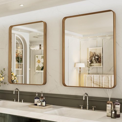 LOAAO Bathroom Mirror - 20X30 Inch Rounded Rectangle Design with Wood Grain Metal Frame | Anti-Rust, Versatile Hanging Options