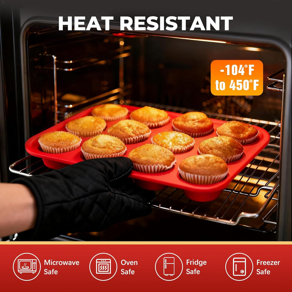 Skiennix Silicone Muffin Pan - 12-Cup Baking Tray with Metal Reinforced Frame | BPA-Free, Dishwasher Safe, Red