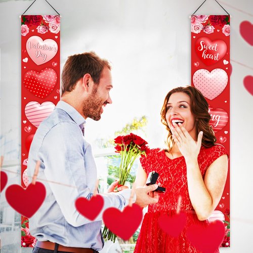 AIBIIN Valentine's Day Door Banner Decoration Valentines day Hanging Front Porch Welcome Sign Red Pink Buffalo Plaid Love Heart Banner Romantic for the Home Door Party Supplies Decor 35.4 x 70.8 Inch