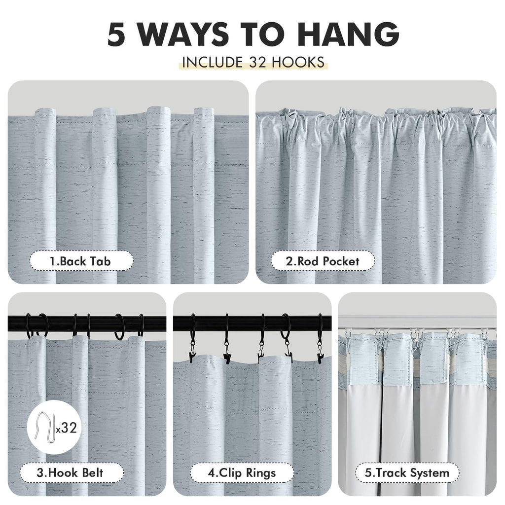 MIULEE Linen 100% Blackout Curtains 108 Inch Long 2 Panels, Back Tab Pinch Pleat Hook Belt Rod Pocket Thermal Insulated Drapes for Bedroom Living Room Light Blue Modern Black Out Window Curtains
