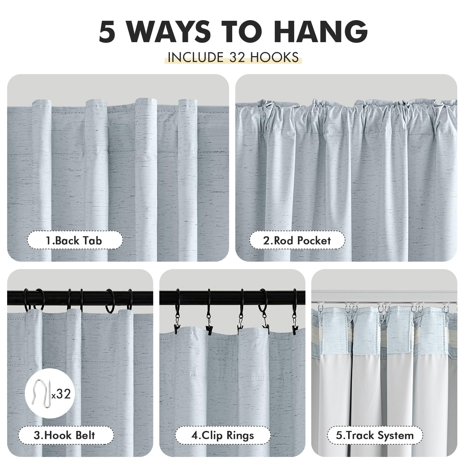 MIULEE Linen 100% Blackout Curtains 108 Inch Long 2 Panels, Back Tab Pinch Pleat Hook Belt Rod Pocket Thermal Insulated Drapes for Bedroom Living Room Light Blue Modern Black Out Window Curtains