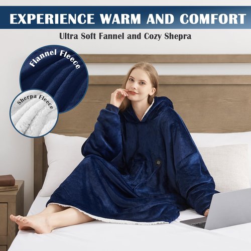 Homemate Heated Wearable Blanket Hoodie - with Battery Pack 7.4V - Oversized Electric Blanket Hoodie for Women Men - Warm Cordless Heated Shawl Portable Heated Robe (Blue)