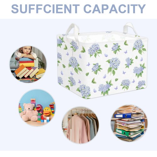 FYSUIMU Blue Floral Nursery Basket Spring Hydrangea Flower Collapsible Storage Box Waterproof Canvas Storage Bin with Handle Girly Gift Toy Box Bin for Baby Shower Bedroom Home Decor