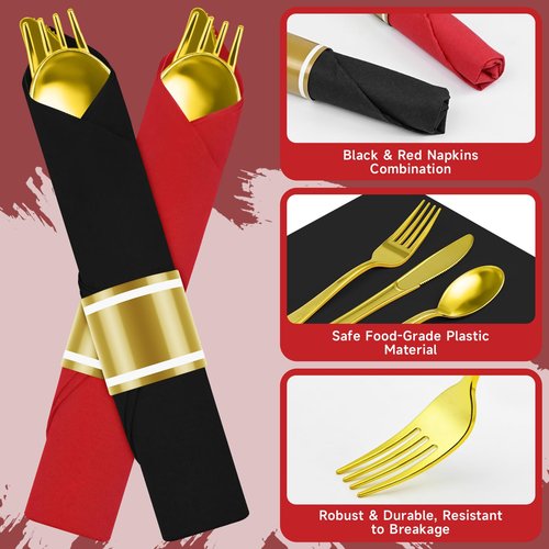100 Packs Pre-Rolled Black Red Gold Plastic Silverware Sets - Disposable Wrapped Plastic Cutlery Set with 100 Napkins, 100 Knives, 100 Forks and 100 Spoons for Wedding Birthday Party Dinner