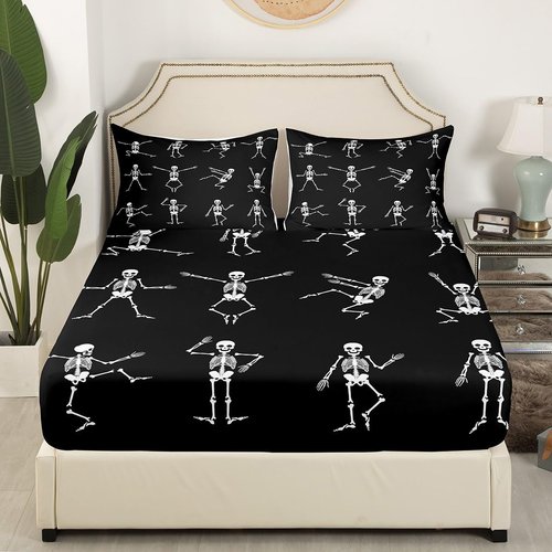 Erosebridal Sugar Skull Sheet Set King Size Skeleton Bones Bedding Set for Kids Boys Girls Teens Adult Halloween Horror Theme Fitted Sheet Gothic Spooky Bed Sheets 4 Pieces with 2 Pillow Cases