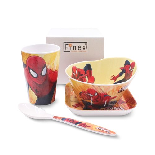 4 Pcs Set Cartoon Durable Tableware Meal Dishes Mealtime Food Feeding Eating Set includes Dinner Serving Bowl Plate Cup with a Matching Spoon and Fork