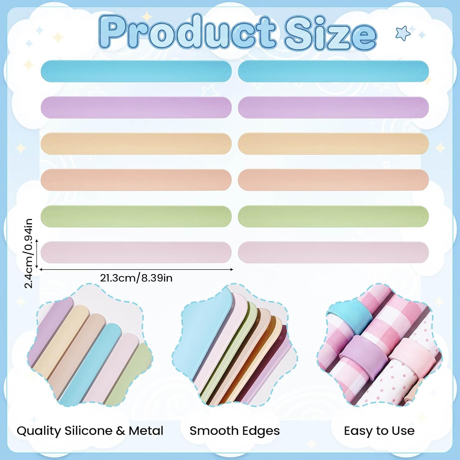 Skiennix Wrapping Paper Roll Holder - 12 Silicone Covered Clips for Easy Storage | 1 x 8.5 in, Multi Colors