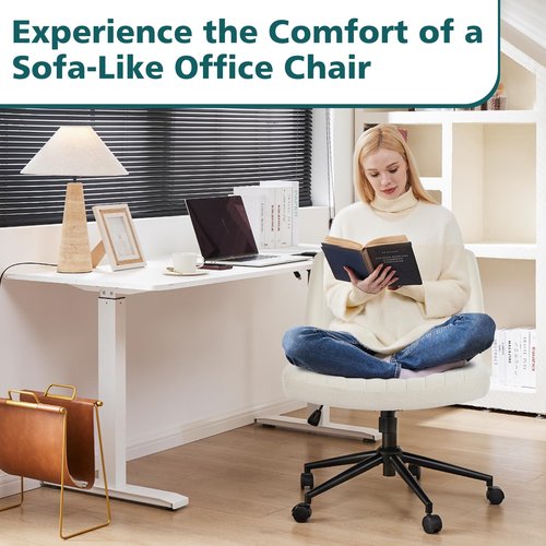 OLIXIS Criss Cross Chair with Wheels Wide Cross Legged Office Desk Vanity Chair Comfy Fabric Armless Adjustable Swivel for Home Computer Task Fabric Beige