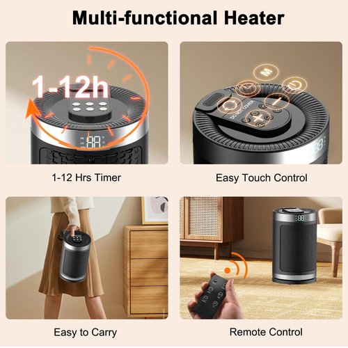 Small Space Heater, Portable Electric Heater with Temperature Sensor for Indoor Use, Digital Display, 1-12H Timer, Eco and Fan Mode,1500W PTC Ceramic Fast Safety Heat for Office,Bedroom, Tiny Home