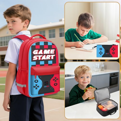 Aogebaby 3-Piece Video Game Backpack Set for Boys Teens - 16.5 Inch Large Bookbag with Insulated Lunch Box & Sturdy Pencil Case, Ideal for Elementary & Middle School, Fits Textbooks