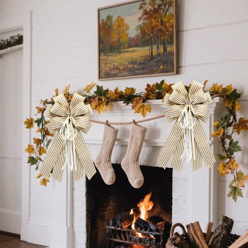 Craflox Christmas Netural Striped Wreath Bows, 2Pcs Farmhouse Beige Striped Burlap Bows Tree Ornaments Decor, Hanging Ornament Bow for Wedding, Holiday and Party Decor