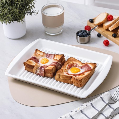 Dizada Microwave Bacon Tray 13"x10" Set of 2 - Porcelain Bacon Cooker for Microwave, Ceramic Bacon Rack for Sausages, Hot Dogs, Dishwasher Freezer Safe
