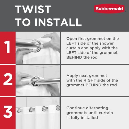 Rubbermaid White No Hook 3-in-1 Shower Curtain, Heavyweight Waterproof PEVA Instacurtain for Bathroom with Magnets and Charcoal Gray Built-in Rustproof Rings, 71” x 74”, White