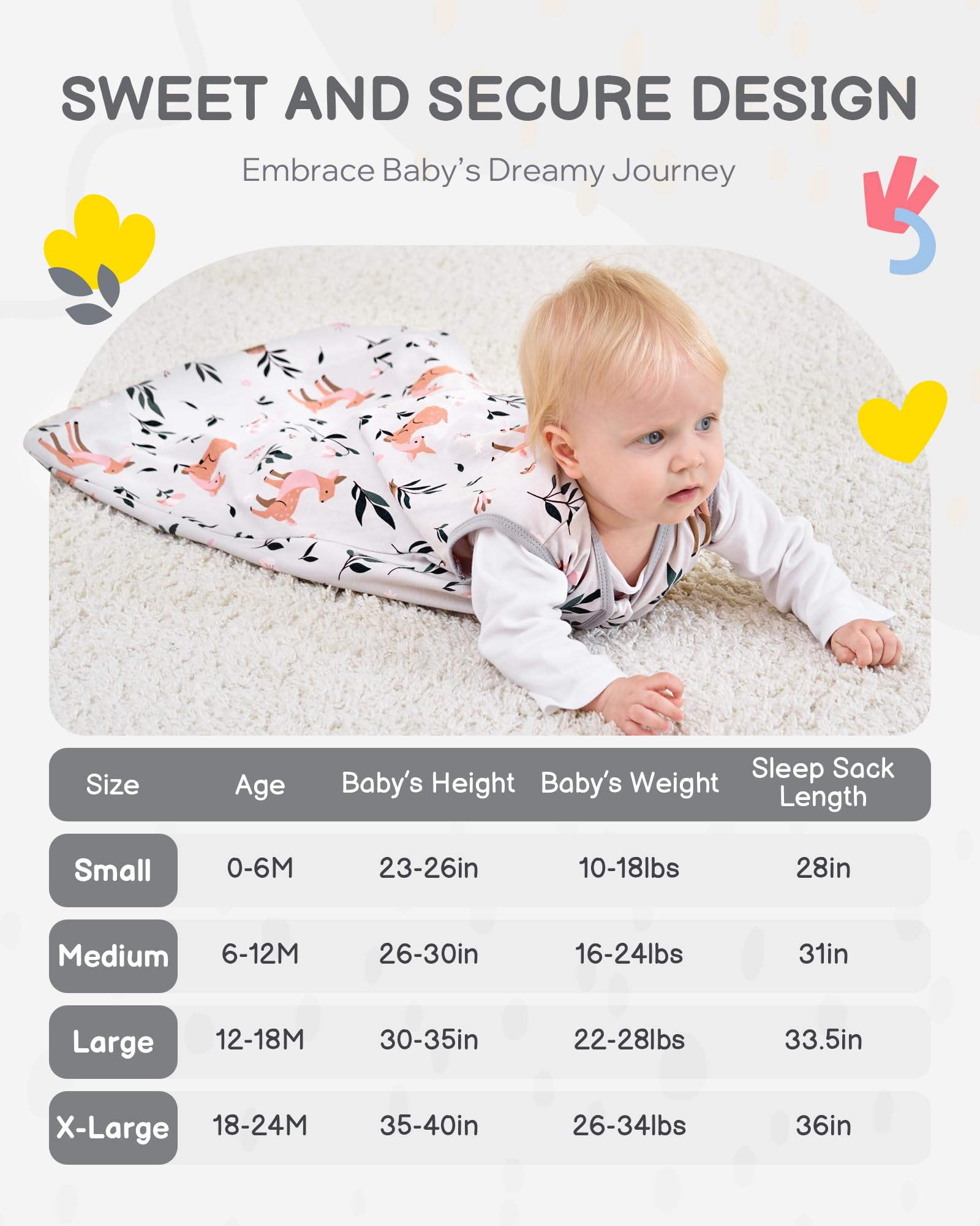 TURMEWU 3 Pack Baby Sleep Sack 0-6 Months 100% Organic Cotton, 0.5 TOG Lightweight Wearable Blanket, 2-Way Zipper Sleeping Bag, Cotton&Fawn&Grey