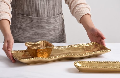 Pampa Bay Titanium-Plated Porcelain Rectangular Serving Piece, 19 x 6.5 Inch, Matte Gold Tone, Oven, Freezer, Dishwasher Safe