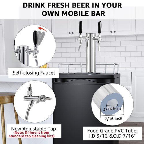 Upgraded Adjustable Beer Tap Tower 3" Dual Tap Kegerator Tower Beer Tower Dispenser, Flow Control Self-Closing Beer Faucet with Pre-Assembled Keg Lines Kegerator Parts Kits