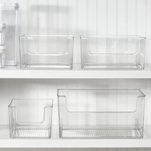 mDesign Modern Wide Plastic Open Front Dip Storage Organizer Bin Basket for Bathroom Organization - Vanity Shelf, Cubby, Cabinet, and Closet Organizing Decor - Ligne Collection - 4 Pack - Clear
