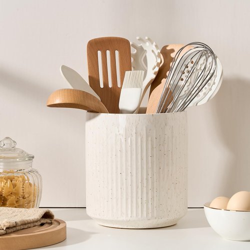 JIEMEI HOME Kitchen Utensil Holder, 7.2" Large Ceramic Stable Utensil Crock for Countertop, Utensil Organizer with Cork Mat, Removable Bamboo Divider for Easy, Kitchen Decor, Speckled White