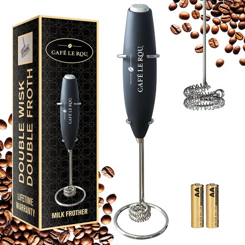 Cafe le Rou Milk Frother Handheld Battery Operated -* DOUBLE WHISK * with Stand. Batteries included. Electric Foam Maker, Drink Mixer with Stainless Steel Whisk