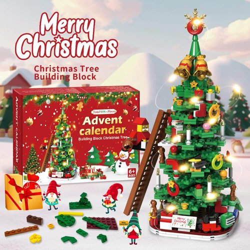 Advent Calendar 2025 Christmas Tree Building Blocks for Adult Kids,24 Day Countdown Calendar Transform Xmas Tree Building Toys with LED Light,888+ Pieces,Christmas Gift for Teen Girls Boys