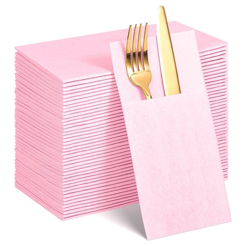 60 Pcs Pink Linen-Feel Paper Napkins with Built-in Flatware Pocket, Mother's Day Pocket Linen Napkin Prefolded Cloth Like Paper Napkins Bulk for Anniversay Wedding Baby Shower Birthday Bridal Party