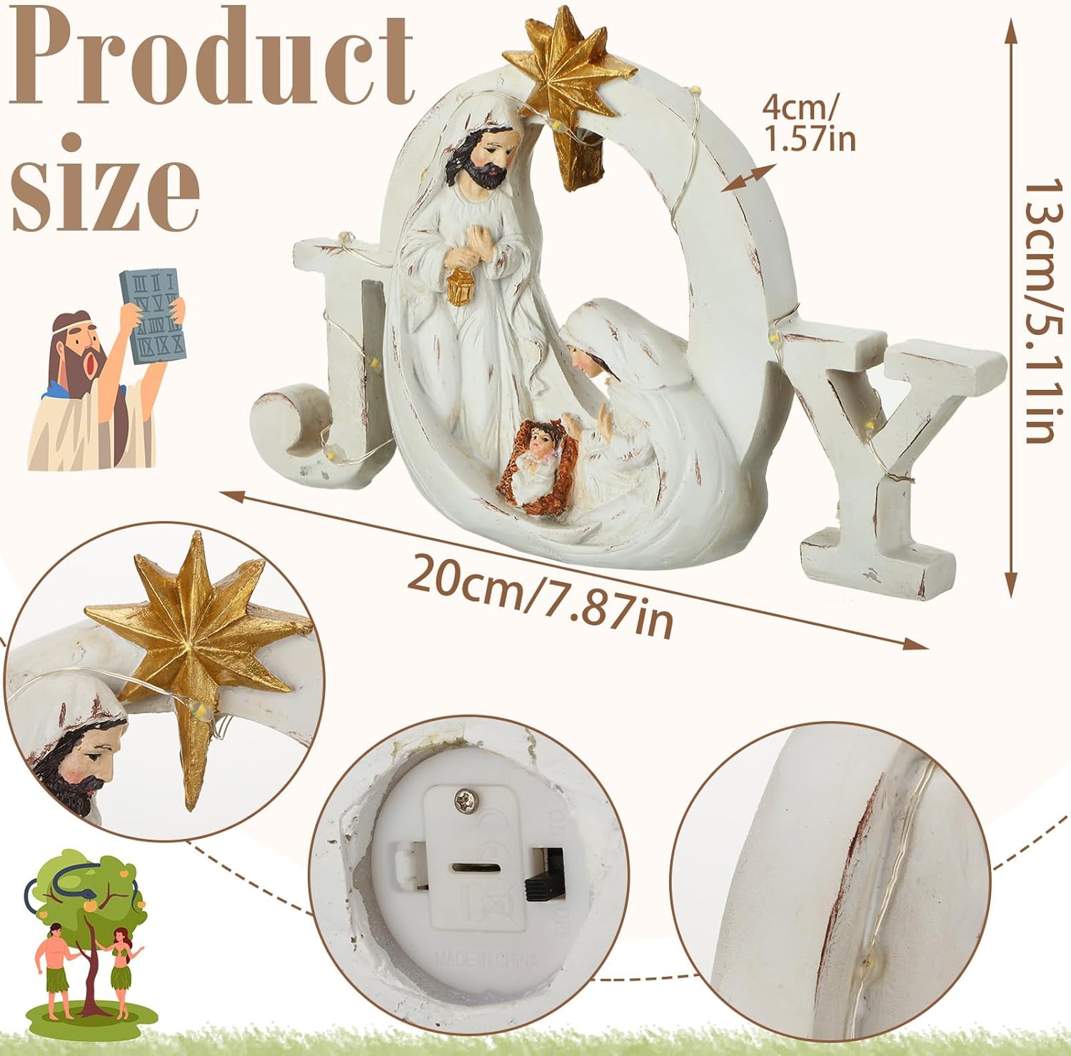 Soaoo Christmas Nativity Scene - LED String Lights & Holy Family Figure Set | Indoor Tabletop Decor
