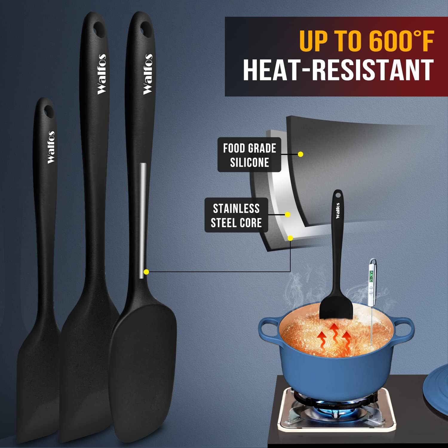 Walfos Silicone Spatula Set of 5 | High Heat Resistant Kitchen Scrapers - BPA Free, Dishwasher Safe, Black