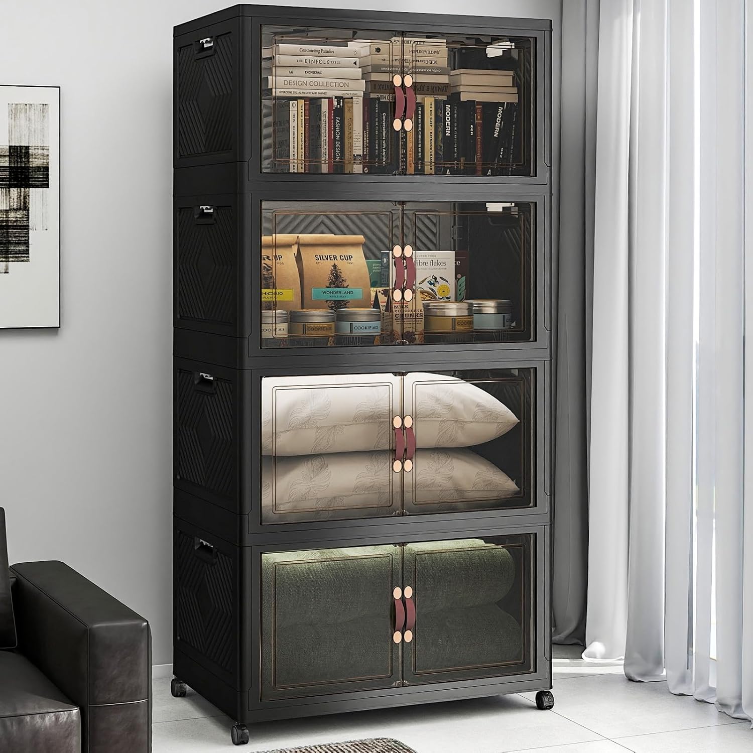 UAMFURI Stackable Storage Bins - 720QT Lockable Cabinet with Lids & Wheels | Extra Large Black Drawers for Home & Office