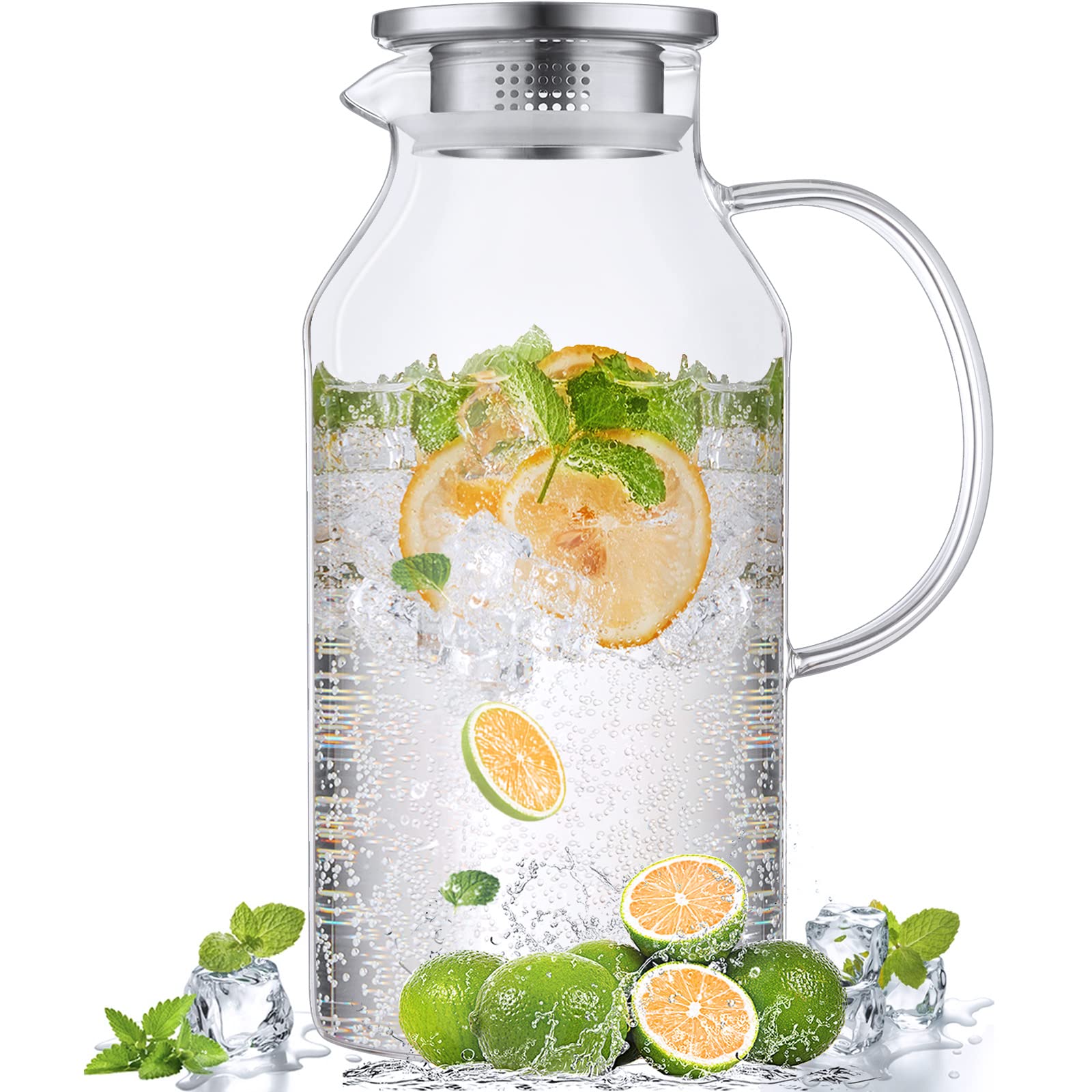 Bivvclaz 2.6 Liter 88 oz Glass Pitcher with Lid and Handle, Glass Water Carafe for Hot/Cold Water, Iced Tea Pitcher, Large Pitcher for Coffee, Juice and Homemade Beverage