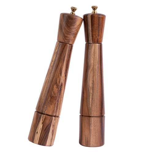 DeroTeno Salt and Pepper Mill Set, Adjustable Ceramic Grinder Salt Mill, Stainless Steel Grinder Pepper Mill, Acacia Wood, 32 cm / 12 inch Height, Bottom Dia 6cm (Tray is NOT Included)