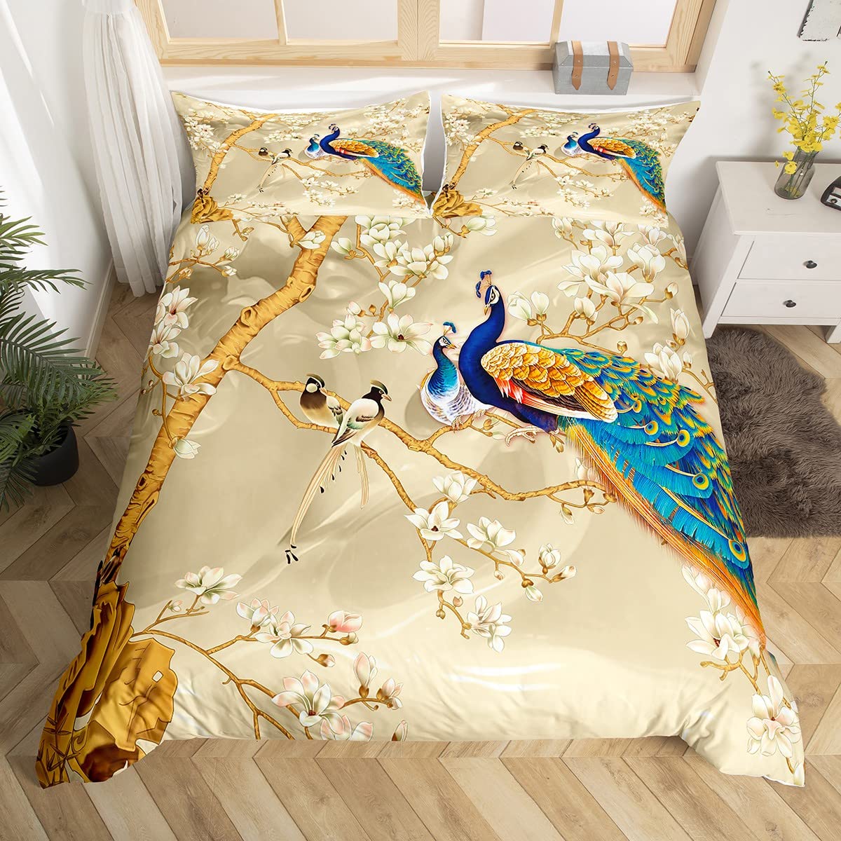 Feelyou Peacock Comforter Cover Set Peacock with Floral Bedding Set for Kids Adults Girls Animals Duvet Cover Botanical Bedspread 1 Duvet with 2 Pillowcases King Size (No Comforter)