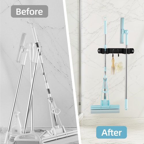 AURIKAR Broom Holder Wall Mount, Stainless Steel Mop and Broom Organizer, Broom Hanger with 2 Slots 2 Hooks for Home Kitchen, Garage, Garden and Laundry Room, Black